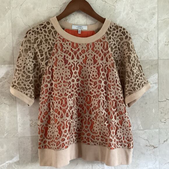 Robert Rodriguez Tan & Orange l Lace Overlay Top Small l Feminine Boho Romantic - Picture 1 of 6